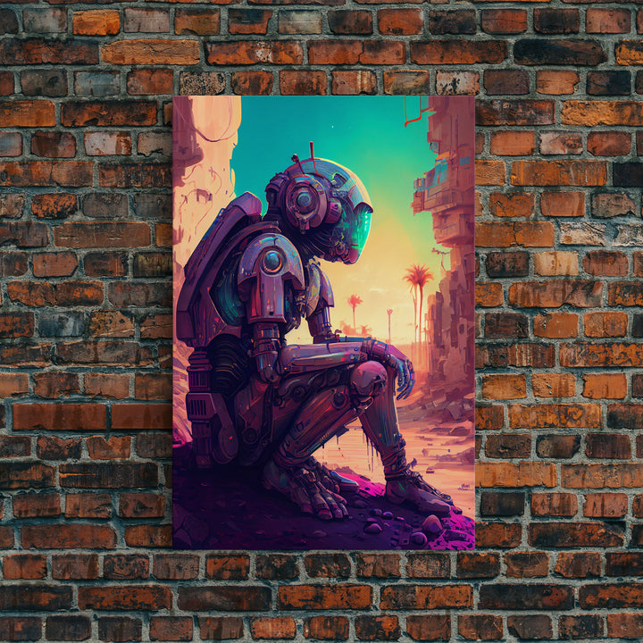 Android deep in thought, AI, fine art poster print