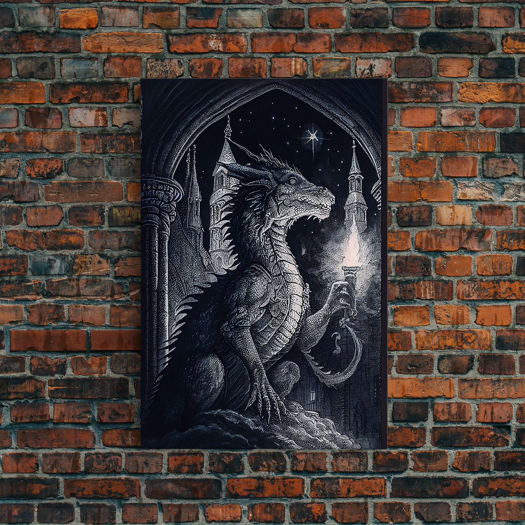 Dragon holding a torch, poster art, black and white dragon