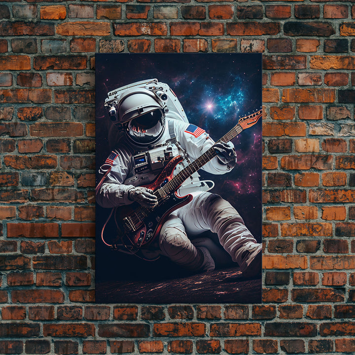 Jammin' in space, astronaut playing the guitar, framed canvas print