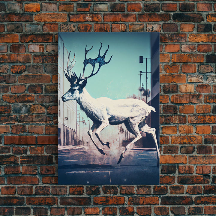 White stag in the city, post-apocalyptic urban decay art, framed canvas print