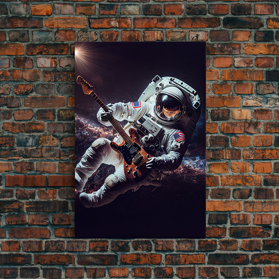 Space man jam, astronaut playing guitar in space, framed canvas print wall art