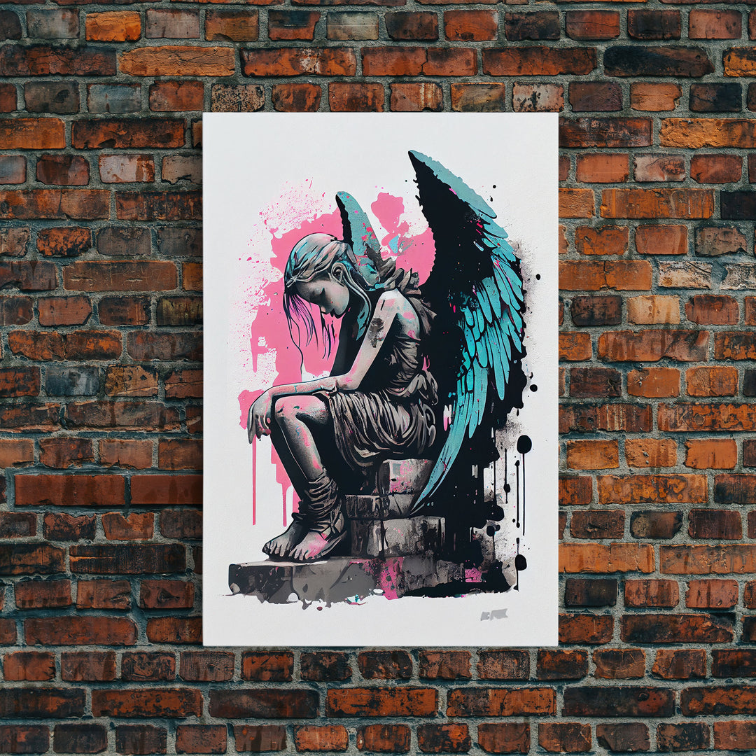 Sad angel graffiti art, street inspired art, framed canvas print, framed wall art