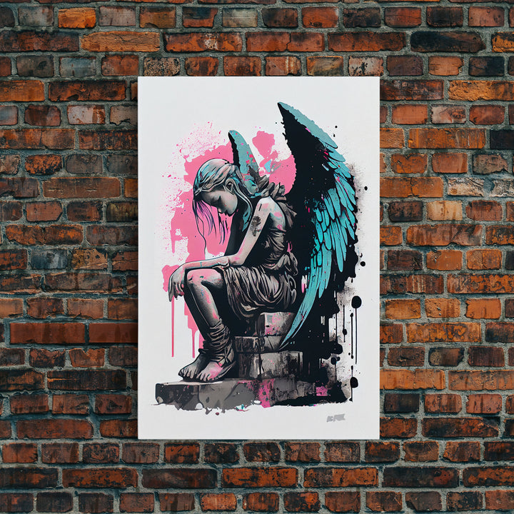 Sad angel graffiti art, street inspired art, framed canvas print, framed wall art