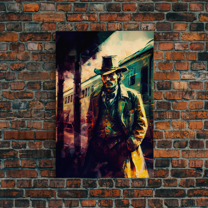 Cowboy waiting for the train, framed wall art, framed canvas print