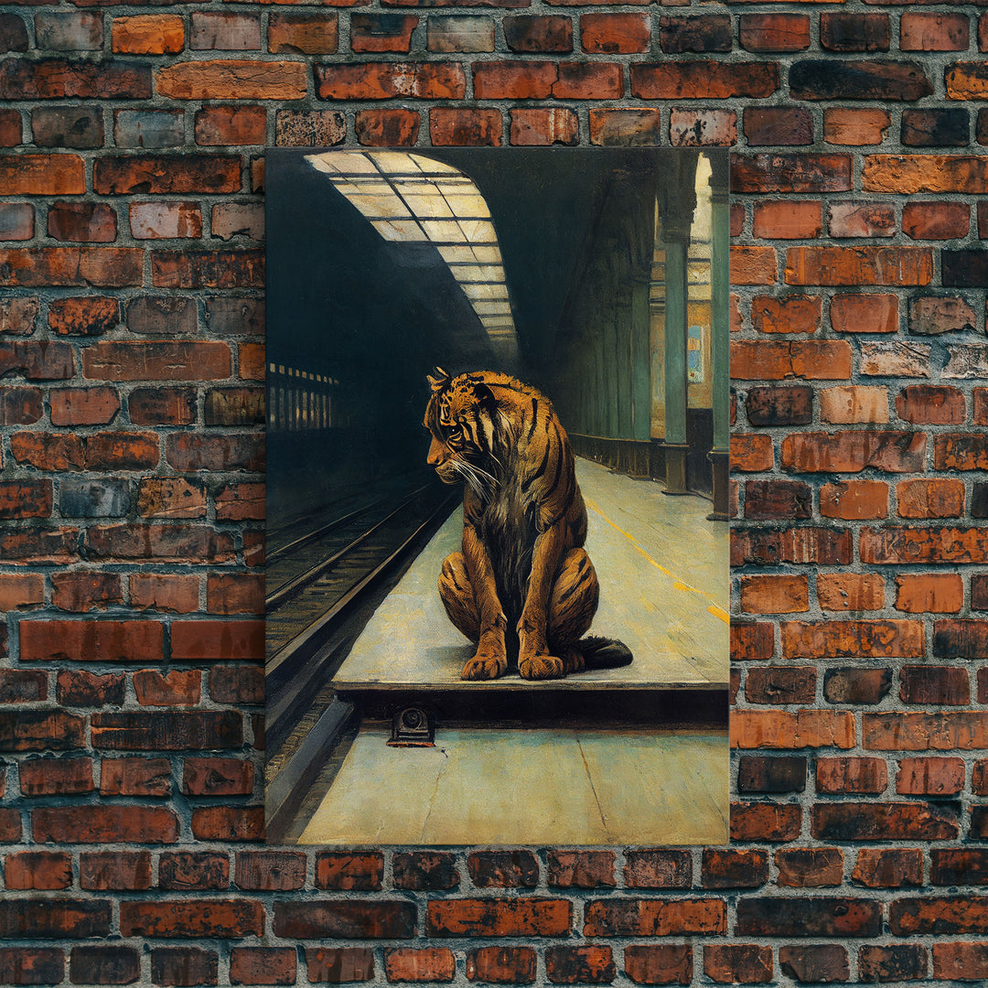 Tiger in a subway, urban decay, nature, framed canvas print, framed wall art