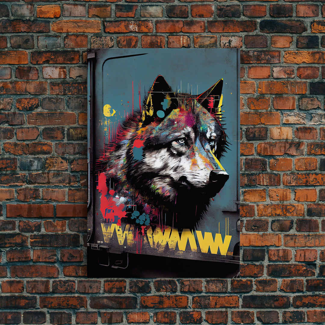 Wolf graffiti on a subway train car, framed canvas print, framed wall art