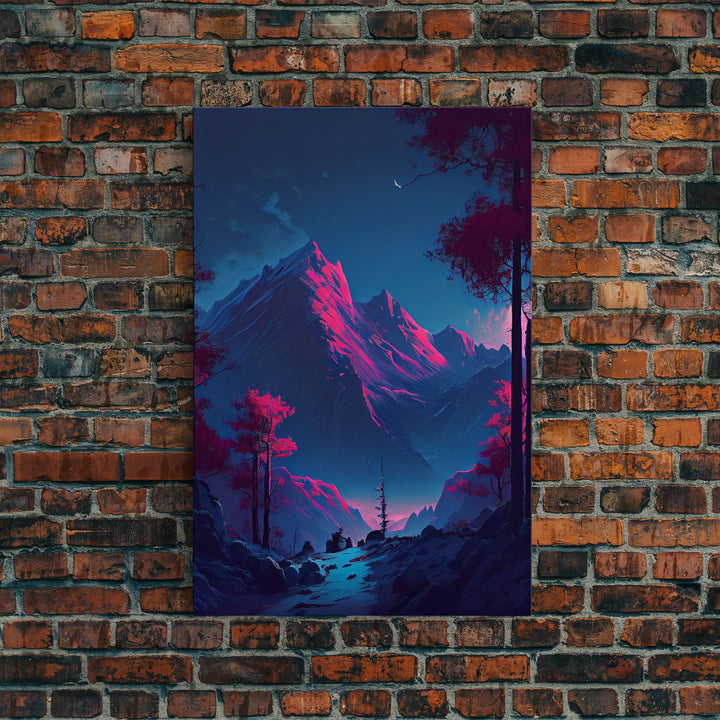 Vaporwave mountain landscape, pink and purple mountain art, framed canvas print