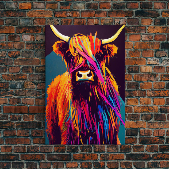 Colorful farmhouse art, Highland cow, Scotland cattle, framed canvas print