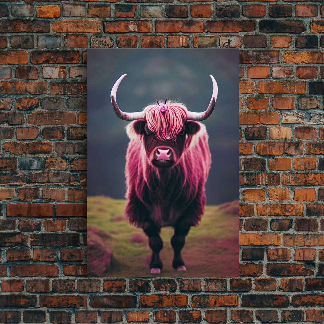 Colorful farmhouse art, Highland cow, Scotland cattle, framed canvas print, pink cow