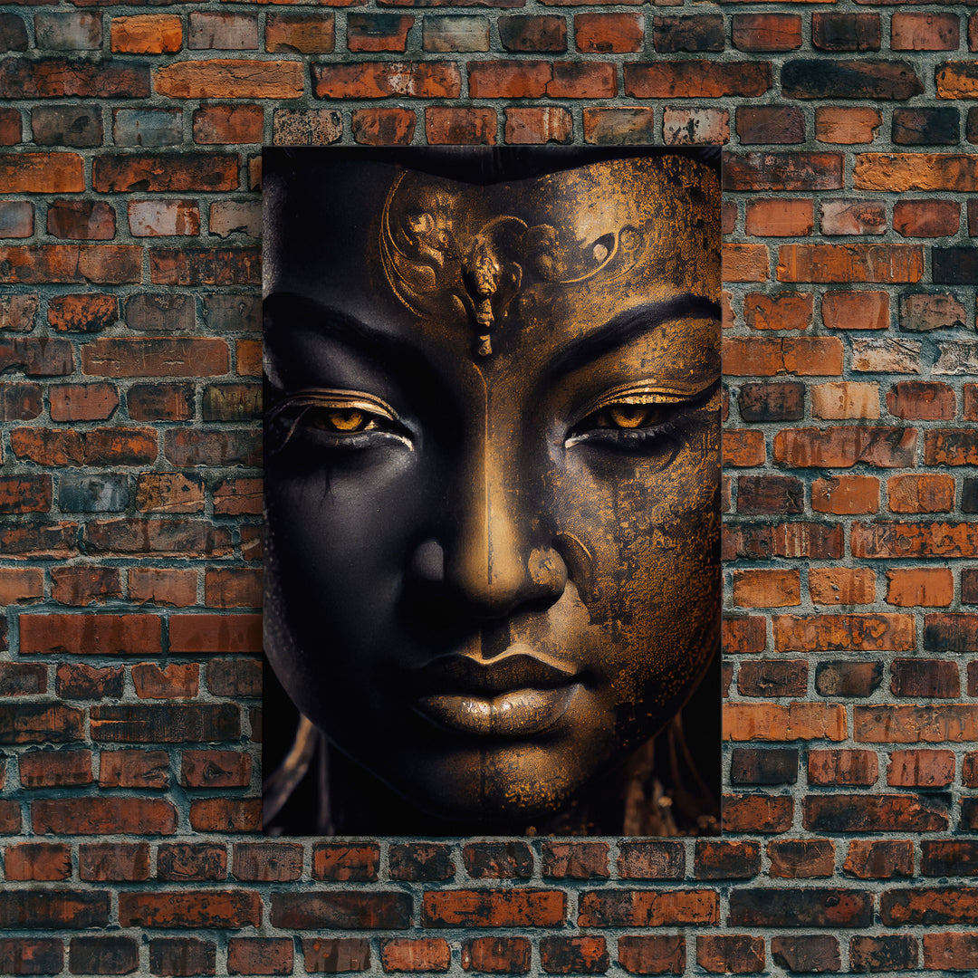 Golden eyed buddha statue framed canvas print, art for yoga studio, zen art