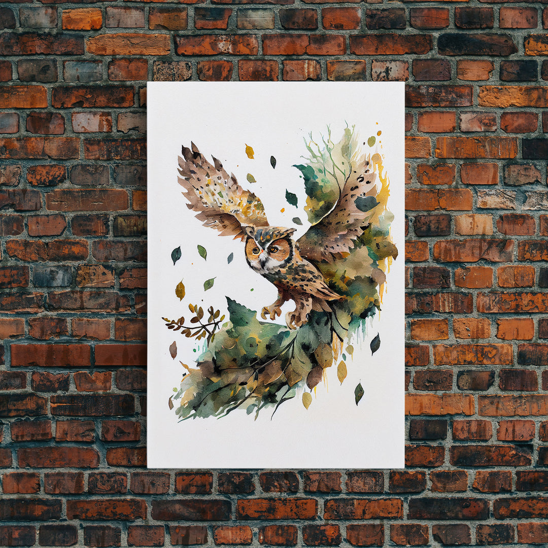 Watercolor of an owl in flight, owl portrait, framed canvas print, cool nature wall art