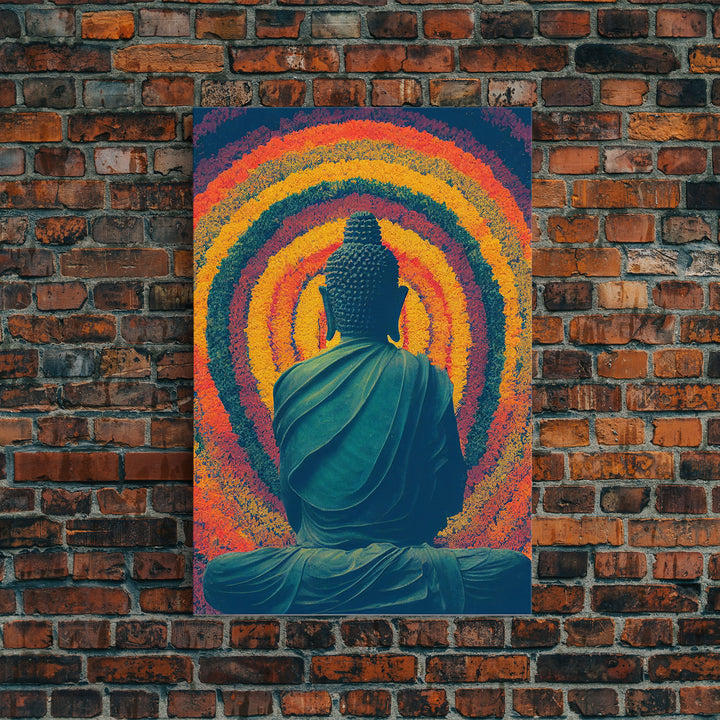 Colorful rainbow Buddha facing a ring of flowers, framed canvas print, yoga studio art