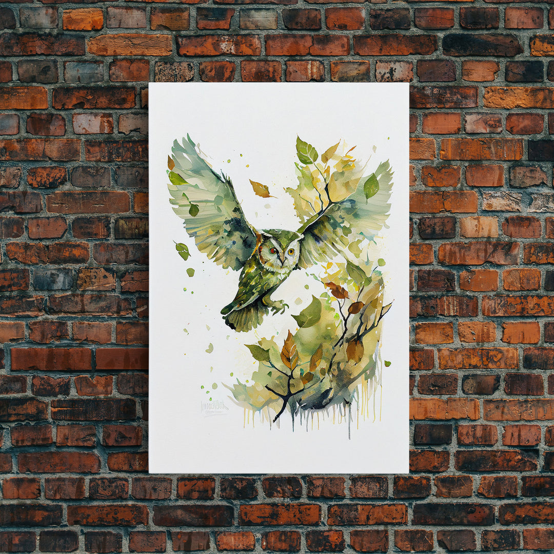 Watercolor of an owl in flight, owl painting print, framed canvas print, cool nature wall art, watercolor