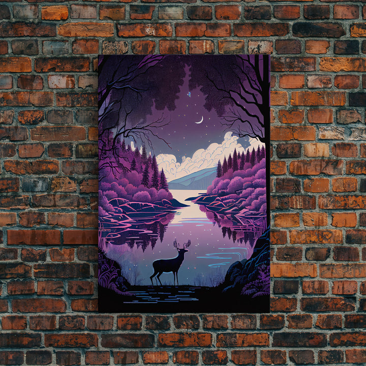 Mystical Deer Purple Forest Lake Wall Art Canvas Print - Serene Nature Scene Vibrant Artwork