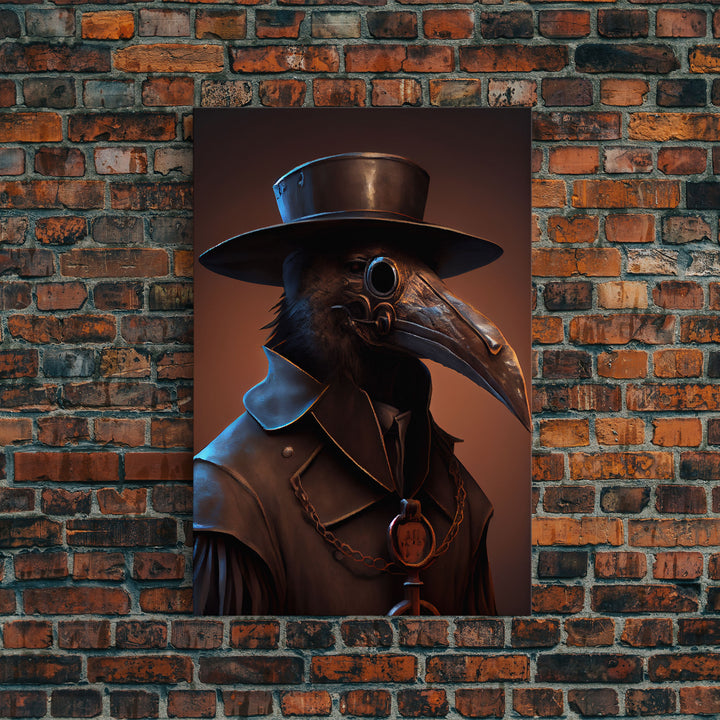 Crow wearing a plague doctor mask, poster art, cool spooky fine art poster print