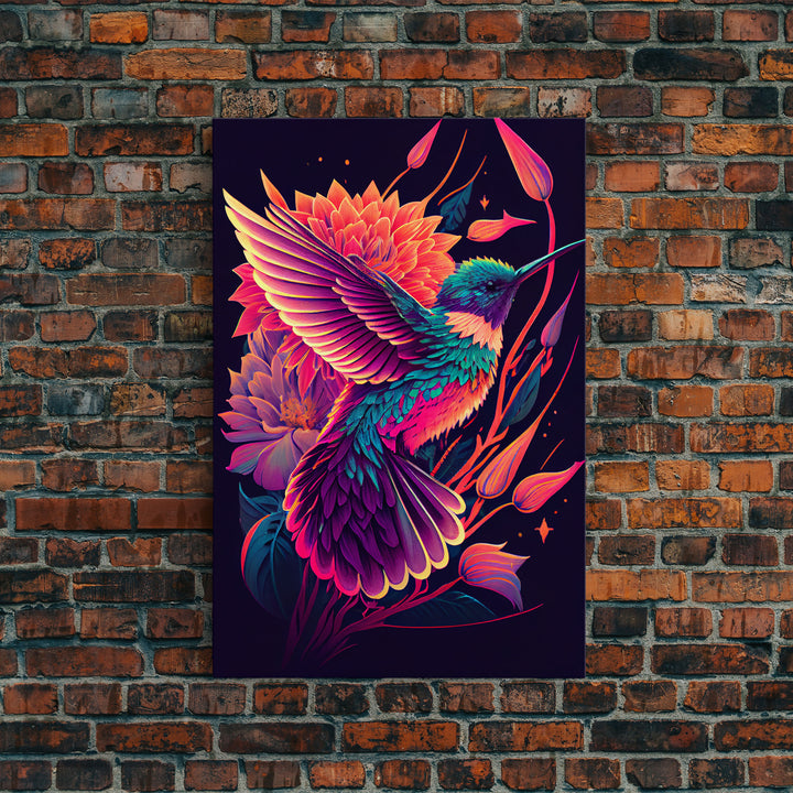 Beautiful Retro-Wave Humming Bird, framed canvas print, Colorful farmhouse wall art