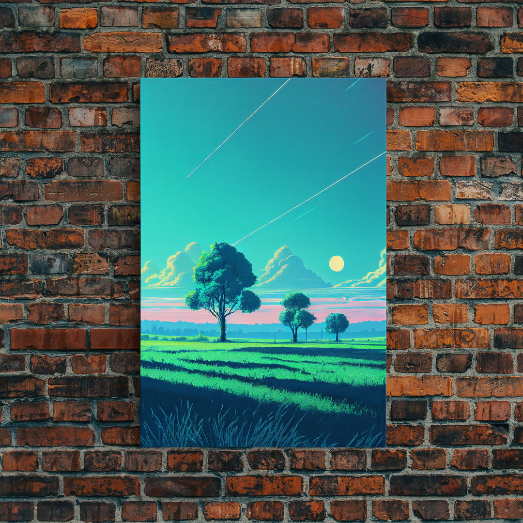 Retrowave landscape pixel art, soothing art, framed canvas print, light pastel sunset