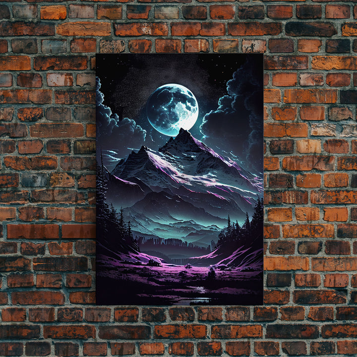 Mythical mountains fantasy art, framed canvas print, full moon over a mystical mountain landscape