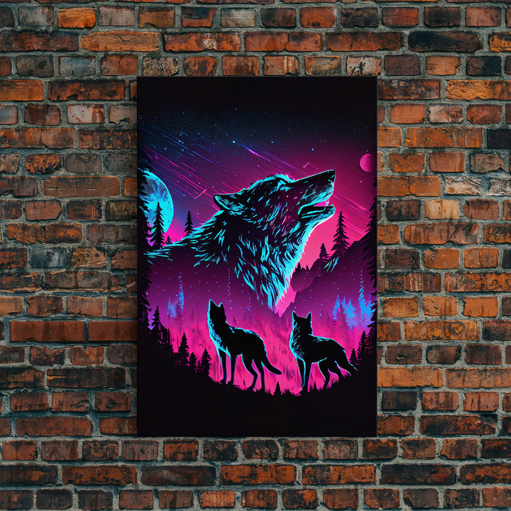 Wolves Howling at the moon, 3 wolf moon, framed canvas print, vaporwave art, Animal art, predator art