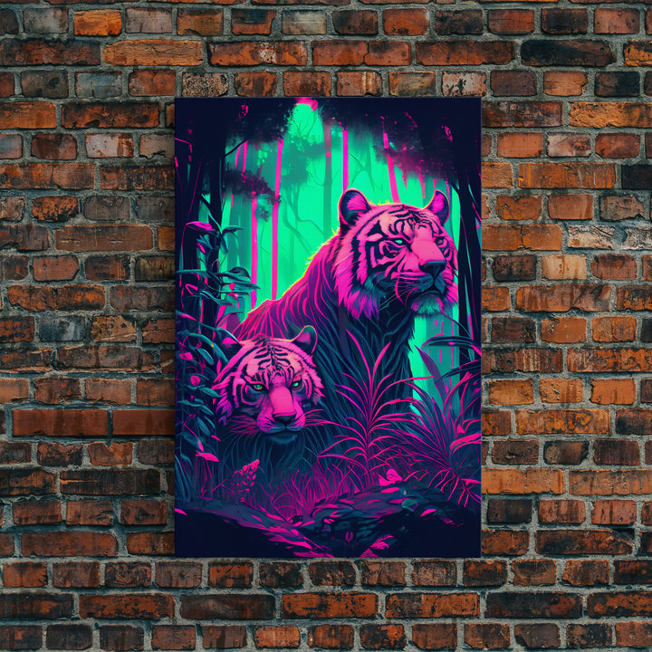 Retro Style Blue Eyed Tiger Art, Framed canvas print, framed wall art, unique colorful animal prints, synthwave style art