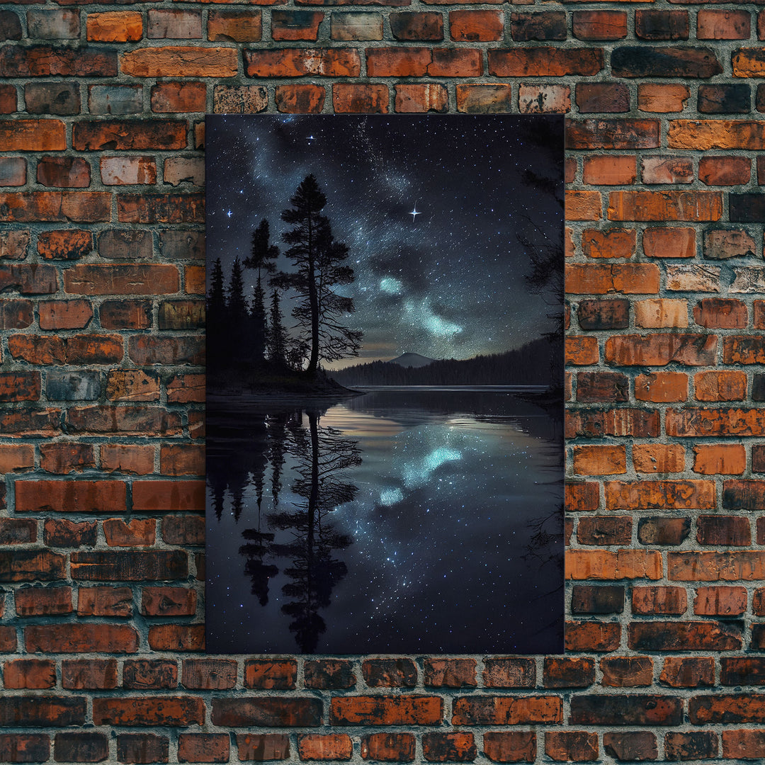 Reflections of a starry night sky over the lake, lakehouse art, beautiful framed canvas print