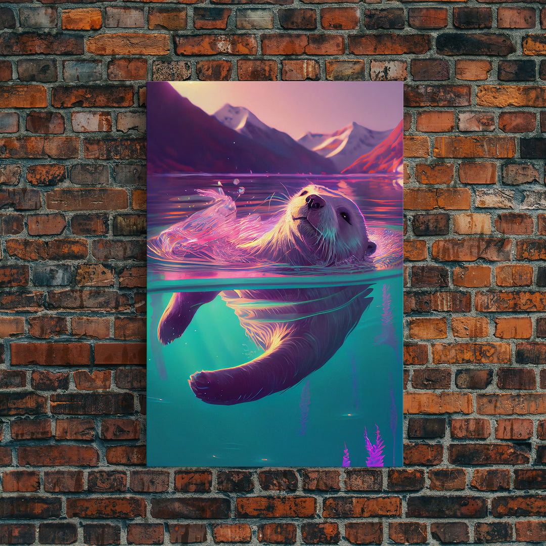 Cute Otter going for a swim, pastel retro style art, framed canvas print, Otter out for a swim in a mountain lake