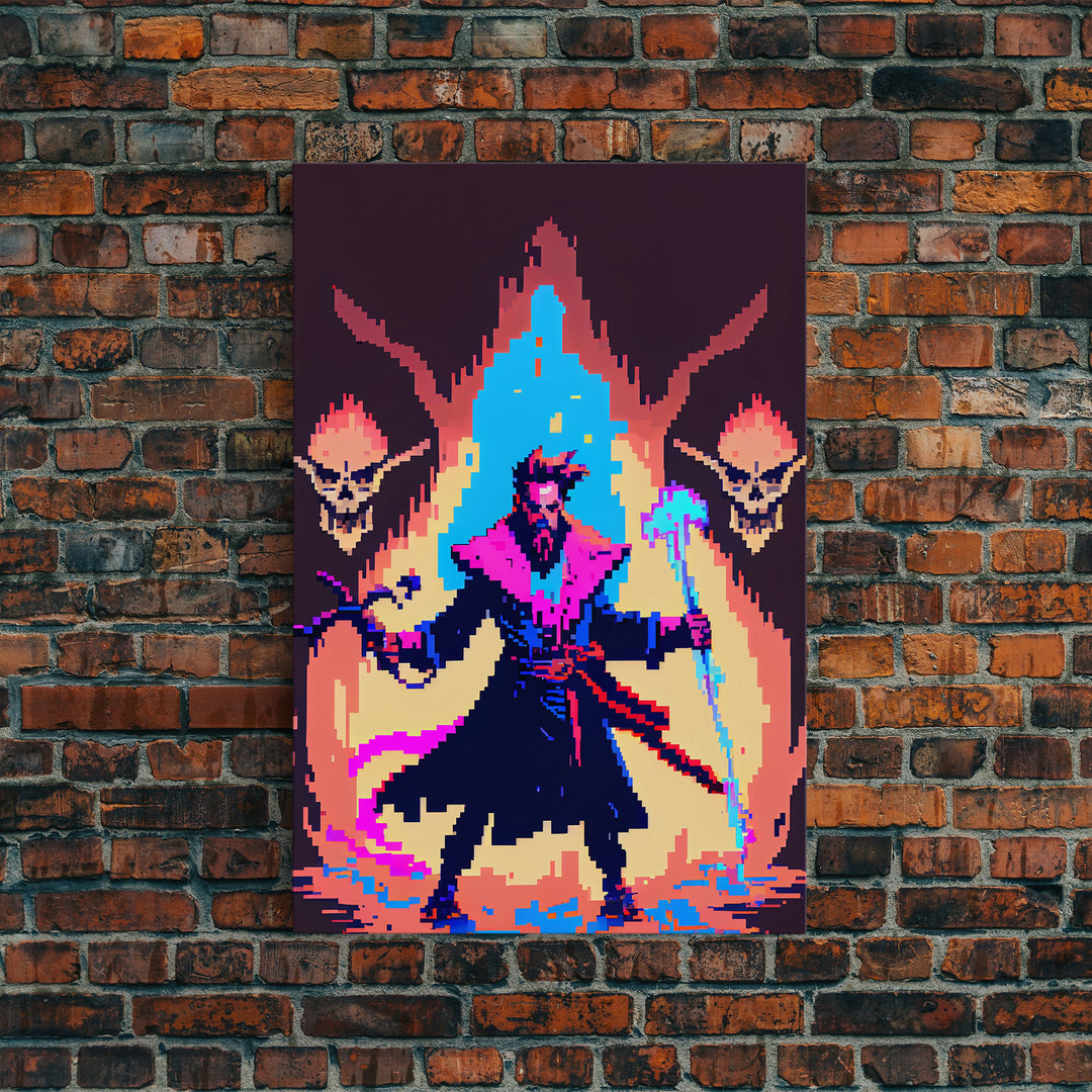 Tabletop RPG pixel art, Human Necromancer Art, framed canvas print, framed game room decor