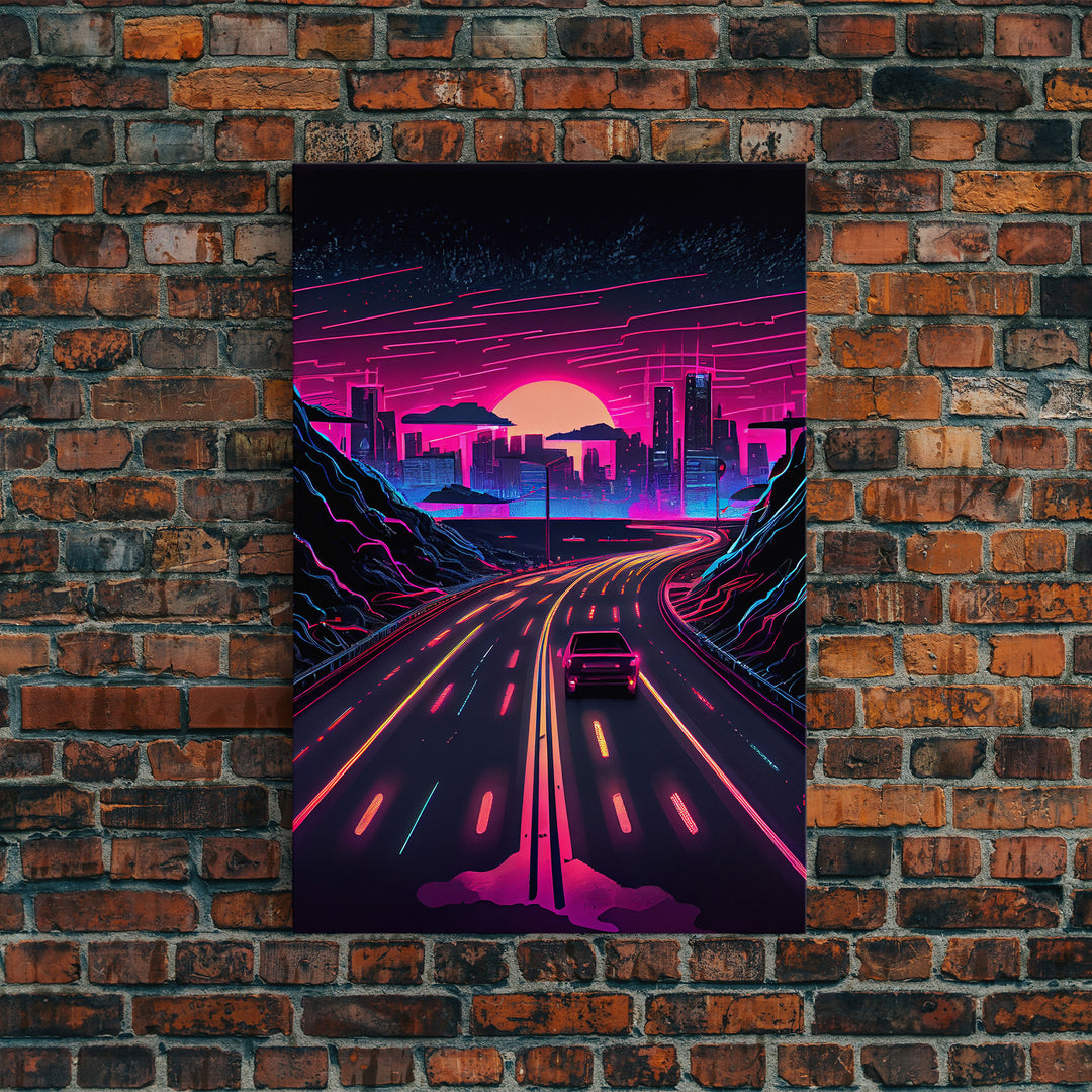 The Drive, Retrowave Outrun Style City Skyline Sunset, 80s Vibes, Framed Canvas Print