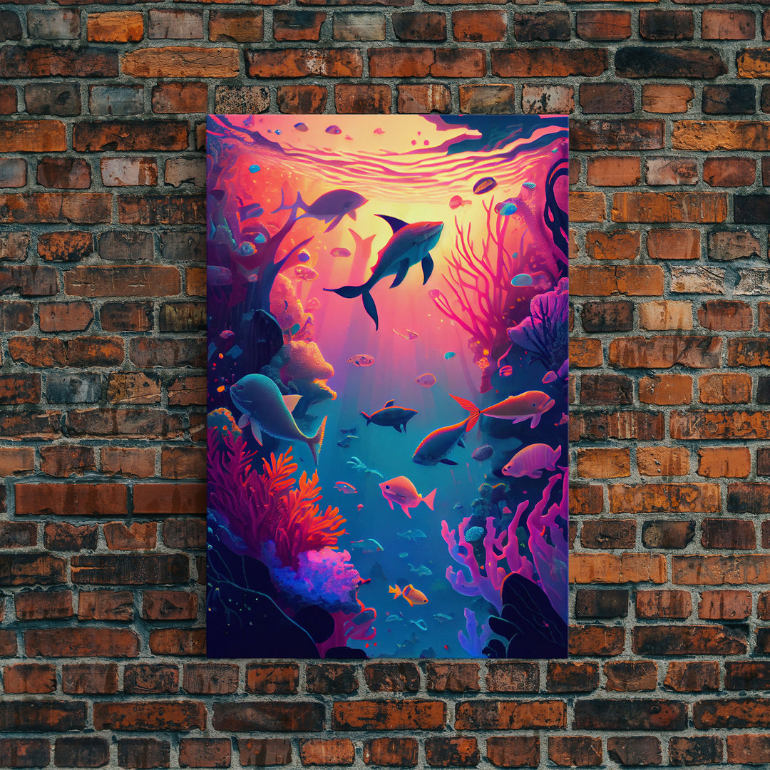 80s Vibe Under The Sea Coral Reef Art, framed canvas print, fish and reef art