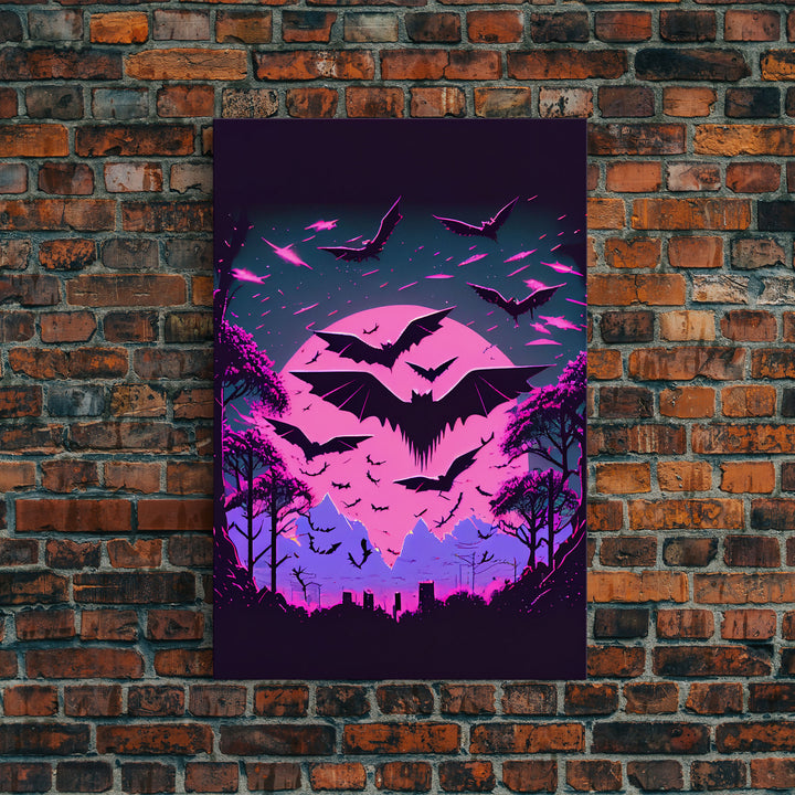 Vampire Bat Art, Horror, framed canvas print, bats in flight over a pink full moon, Halloween Decor, Halloween Wall Art