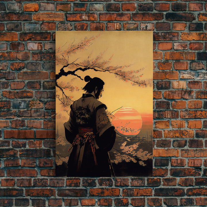 Watercolor of a Samurai observing a sunset, Framed Canvas Print, unique wall art