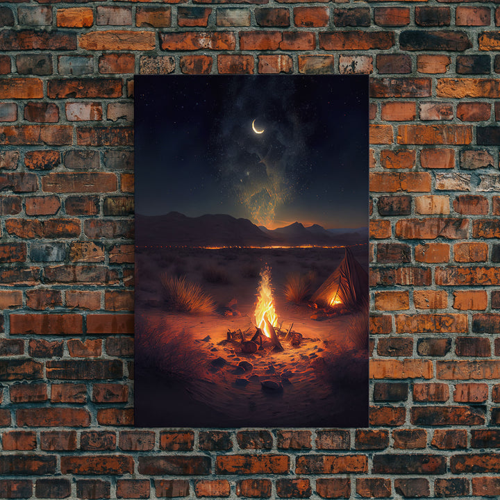 Primitive Art, Campfire under the stars, camping art, framed canvas print