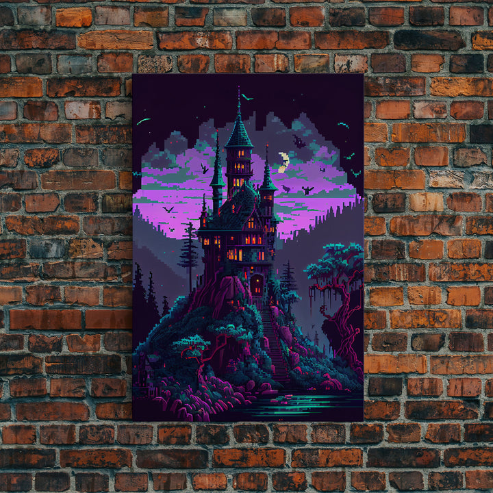 Transylvania Art, Cool Medieval castle 8 bit pixel art, fantasy art, framed canvas print, Cool castle art