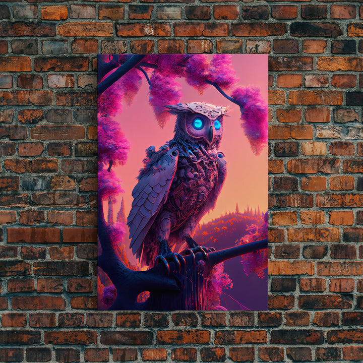 Cyberpunk Robot Owl, framed canvas print, Cybernetic android owl art, vaporwave aesthetic futuristic art