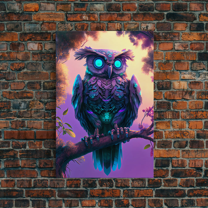 Cyberpunk Robot Owl, framed canvas print, Cybernetic android owl art, vaporwave aesthetic futuristic art