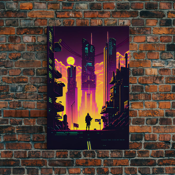 Cyberpunk art, Retrowave style dystopian cityscape art, game room art, framed canvas print, retro wave city skyline