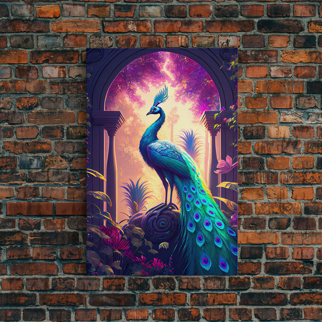 Turquoise peacock art, fantasy decor, framed canvas print