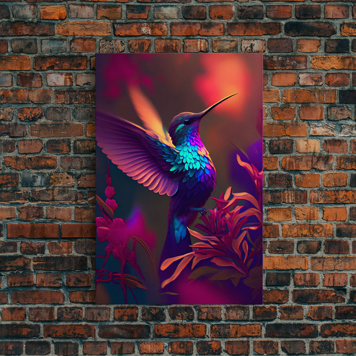 Hummingbird in flight, cute animal print, framed canvas print, colorful retro wave style art