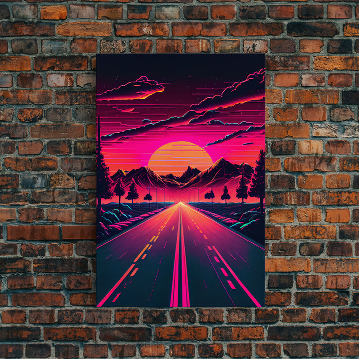 Outrun Sunset over the Arizona mountains, neon aesthetic art,  framed canvas print