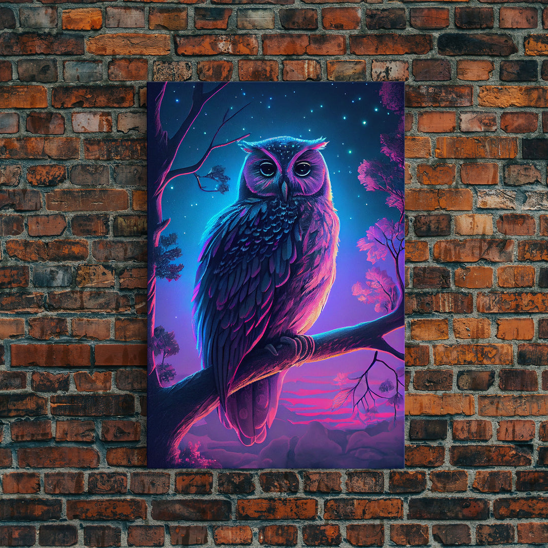 Retro Style Owl Art, Framed Canvas Print, outrun style owl at midnight under a starry sky