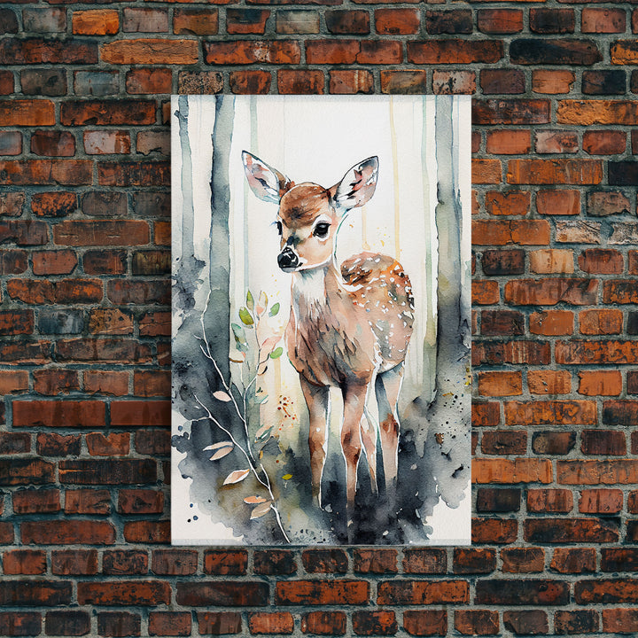 Watercolor portrait of a deer fawn, framed canvas print