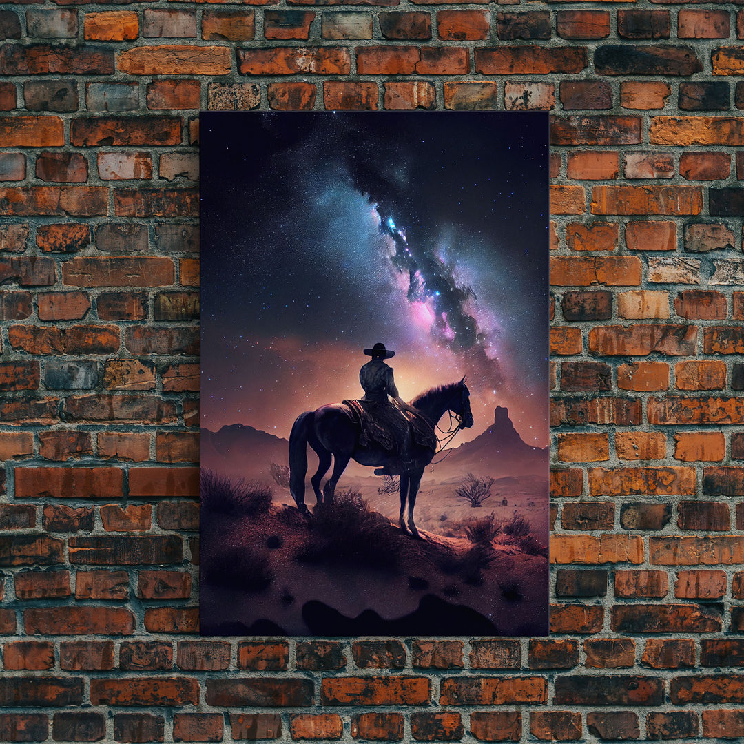 Cowboy contemplating the stars, framed canvas print