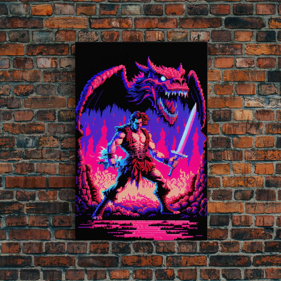 Tabletop RPG art, vaporwave neon aesthetic, Barbarian art, framed canvas print