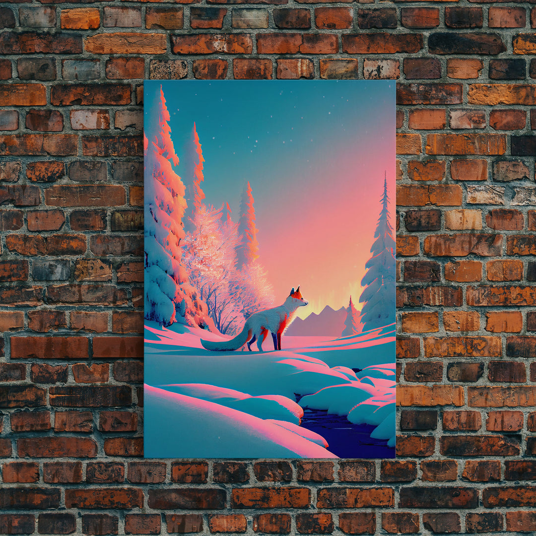 Cute arctic fox art in the snow, framed canvas print