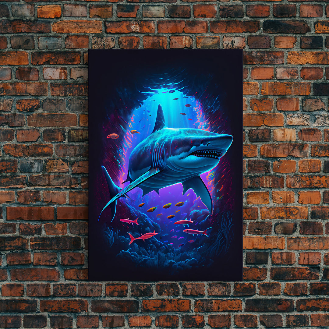 Shark Art, framed canvas print, colorful retro style shark art watercolor painting print