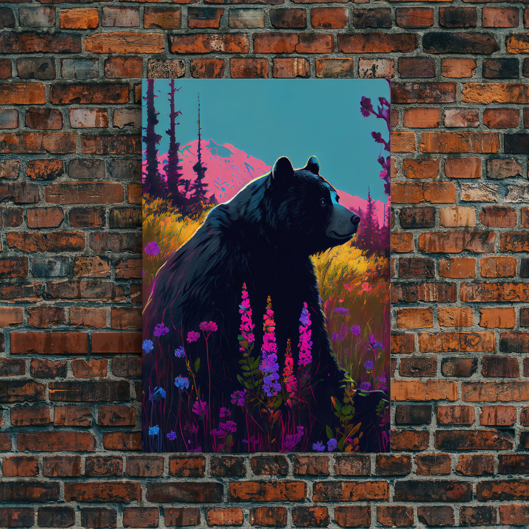 Cute brown bear stopping to smell the flowers, animal prints, framed canvas print, colorful unique wall art