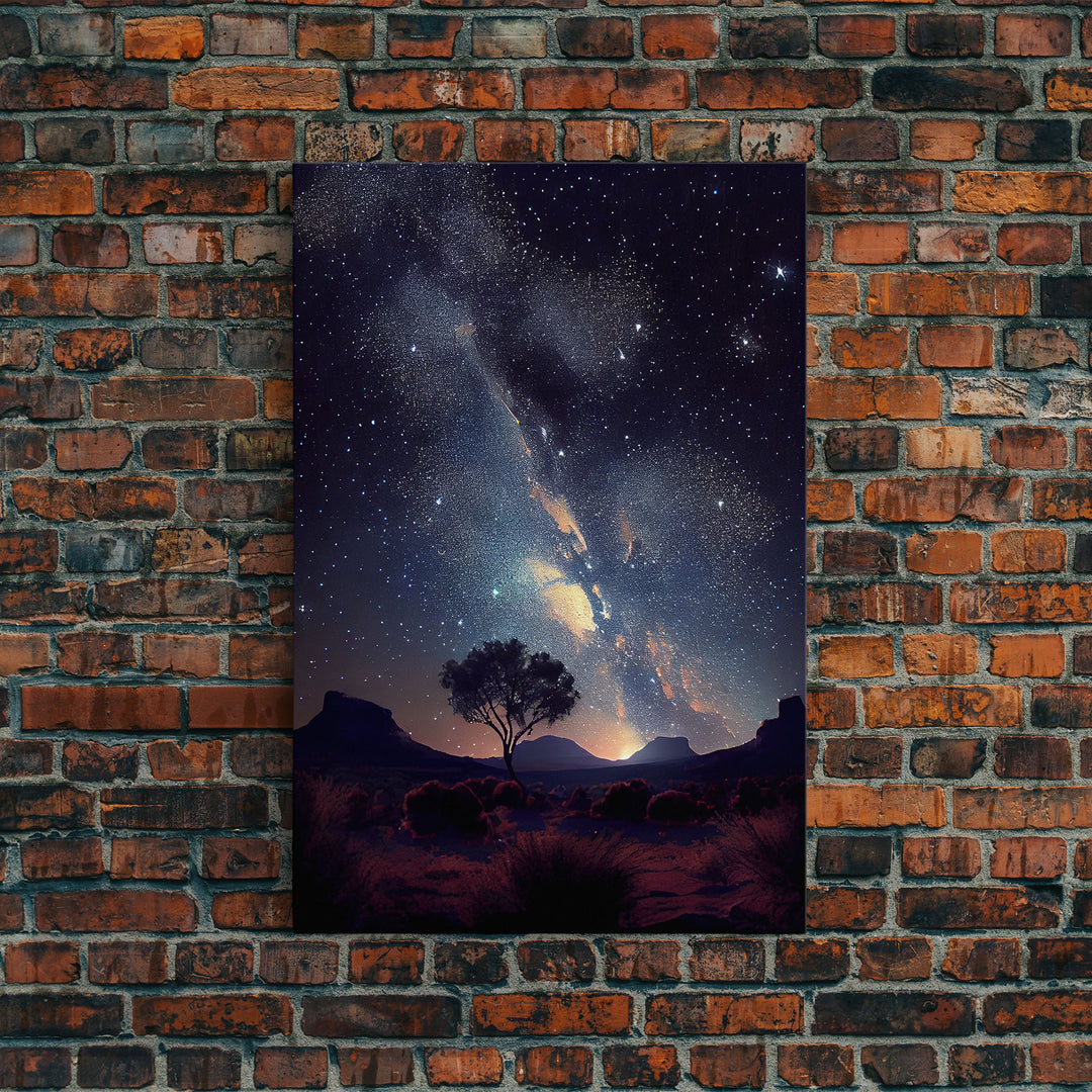 Starry night sky over the plains of Texas,  beautiful farmhouse art, primitive art, framed canvas print