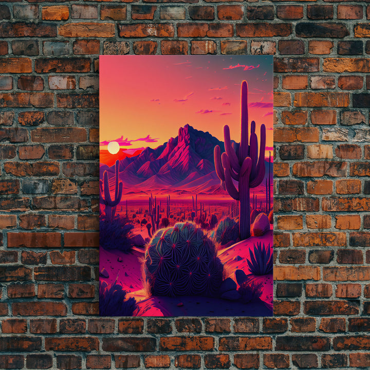 Pastel Arizona Night, Outrun Style sunset over a desert landscape with cactus, framed canvas print