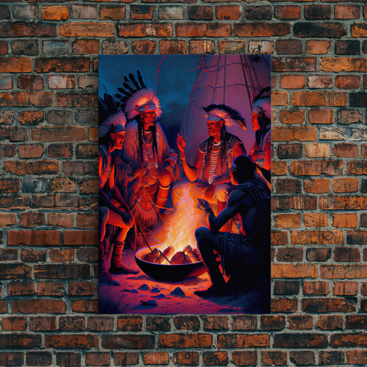 Wild West Decor, framed canvas print, Watercolor of Native Americans enjoying a campfire