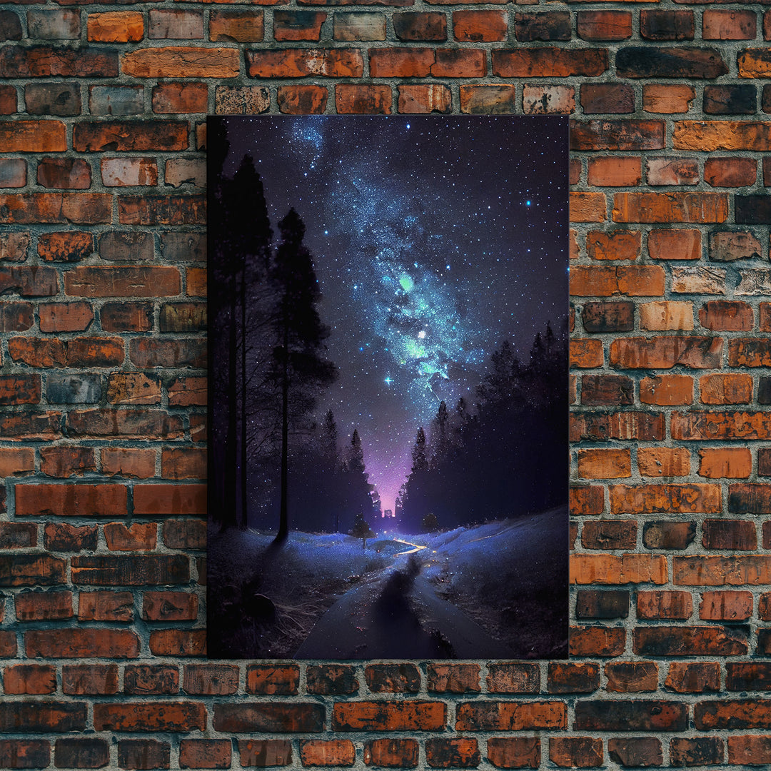 Starry Night Time Landscape, Milky Way Galaxy Art, Pine Tree Forest, Framed Canvas Print